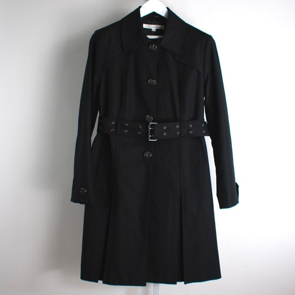 Kenneth Cole New York Belted Trench Coat Women's L Black Pleated Classic Large - Picture 1 of 14
